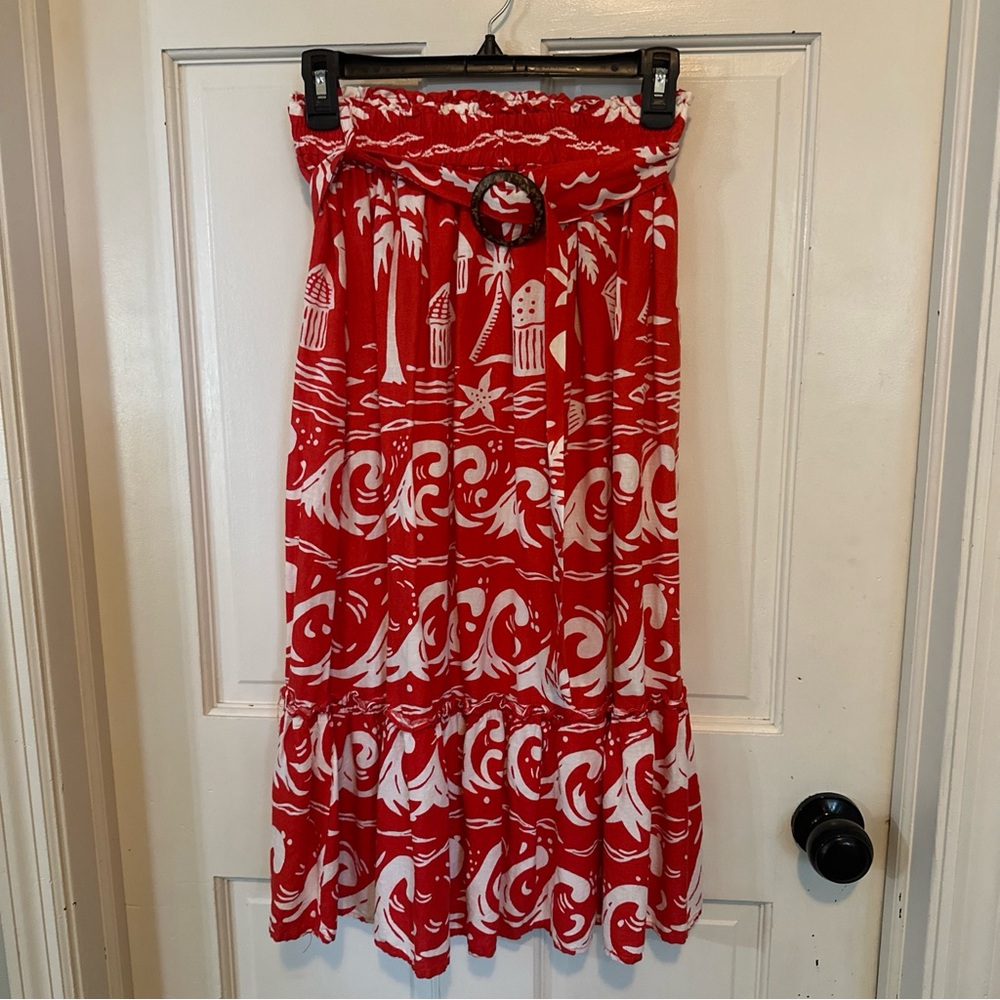 C & C California linen blend tiki and wave print pull on skirt size Small